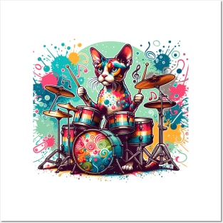 Devon Rex Cat Playing Drums Posters and Art